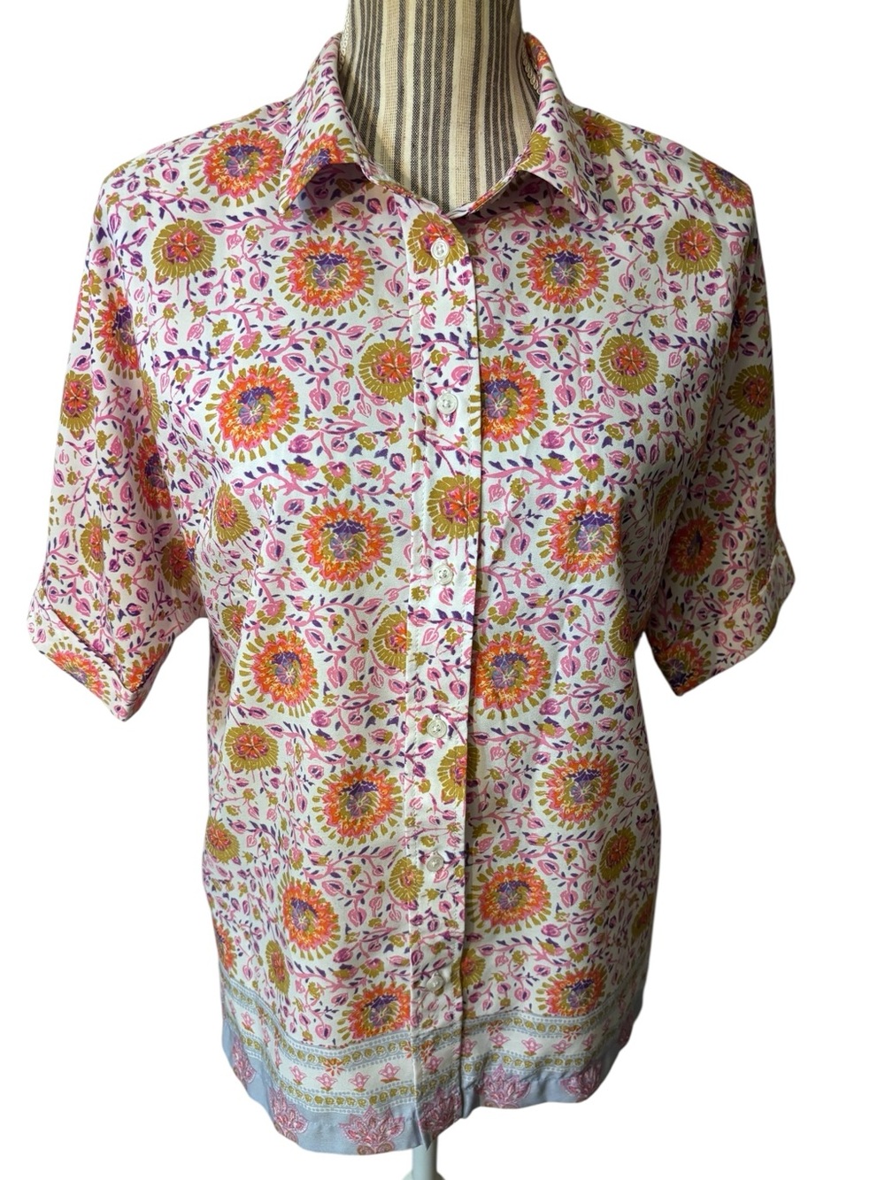 Maison d’Amelie Blouse Large Floral Short-Sleeve Button-Down Shirt Pink Orange